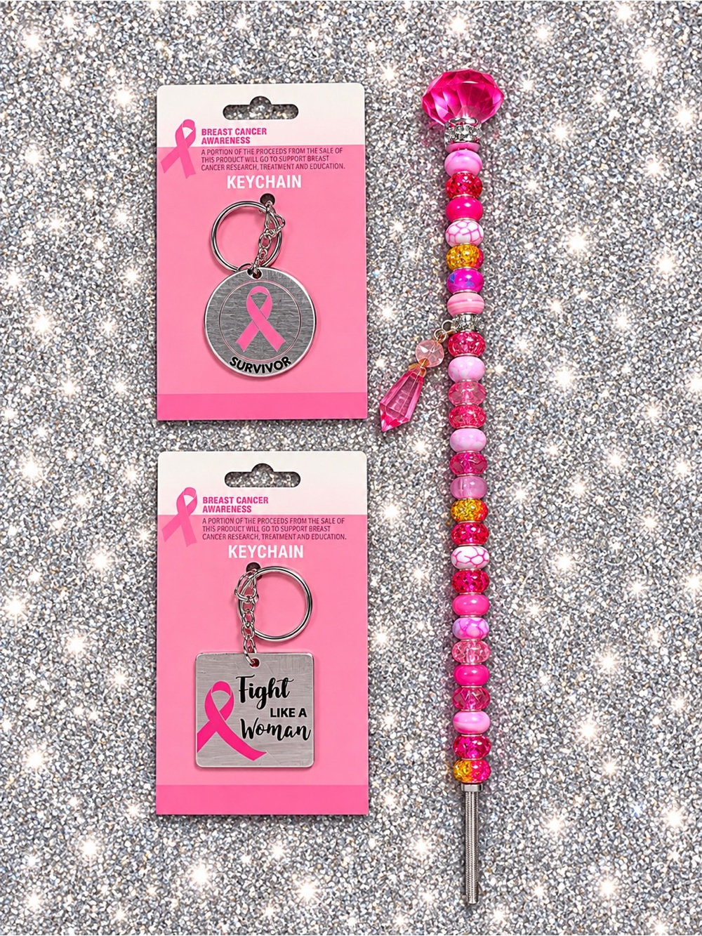 Breast Cancer Awareness Pink Beaded Sun Catcher & 2 Keychains Set